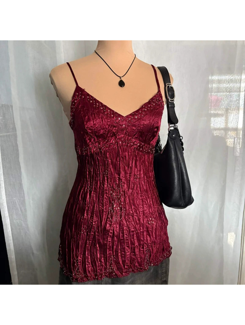 burgundy y2k beaded top